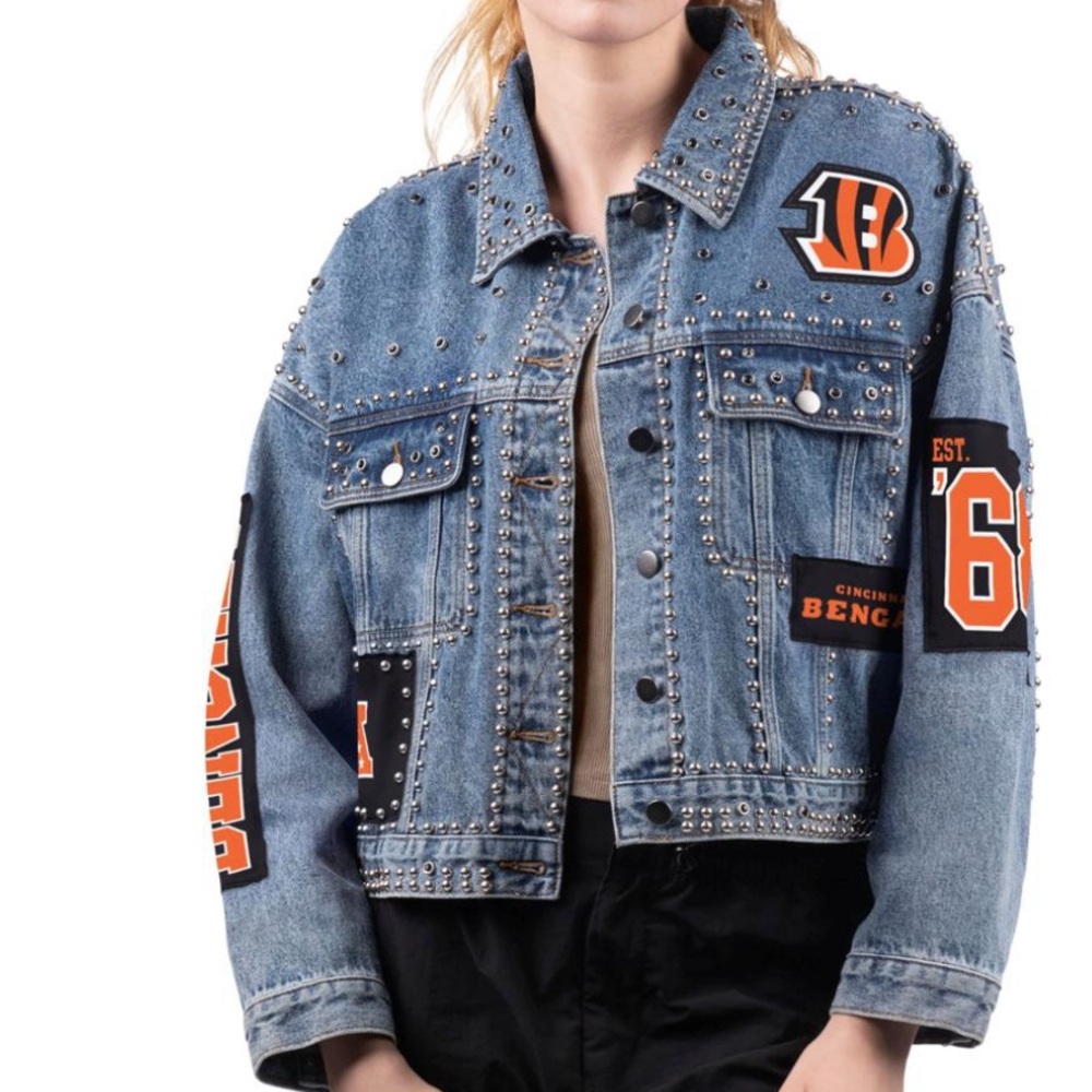 Studded Denim Jacket with Cincinnati Bengals Patches